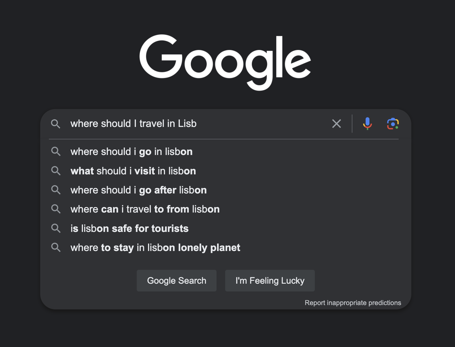 This is one of the easiest ways to find keywords. Just start typing and see what comes up Google autocomplete related to a Lisbon travel query