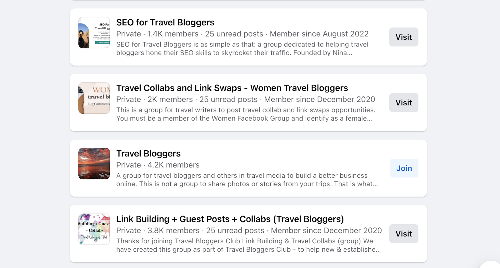 If you’re looking for guest posting and collaboration opportunities with other travel bloggers, there are many Facebook Groups you can join with frequent opportunities for guest posts, like the ones pictured above! A screenshot of four Facebook Groups for travel bloggers.