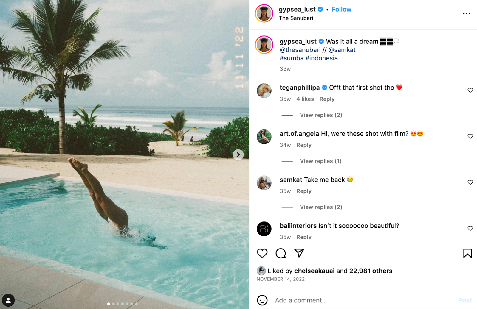 A travel post from one of the top Instagram influencers (@gypsea_lust) A screenshot of an Instagram post featuring a photo of a girl jumping into a swimming pool