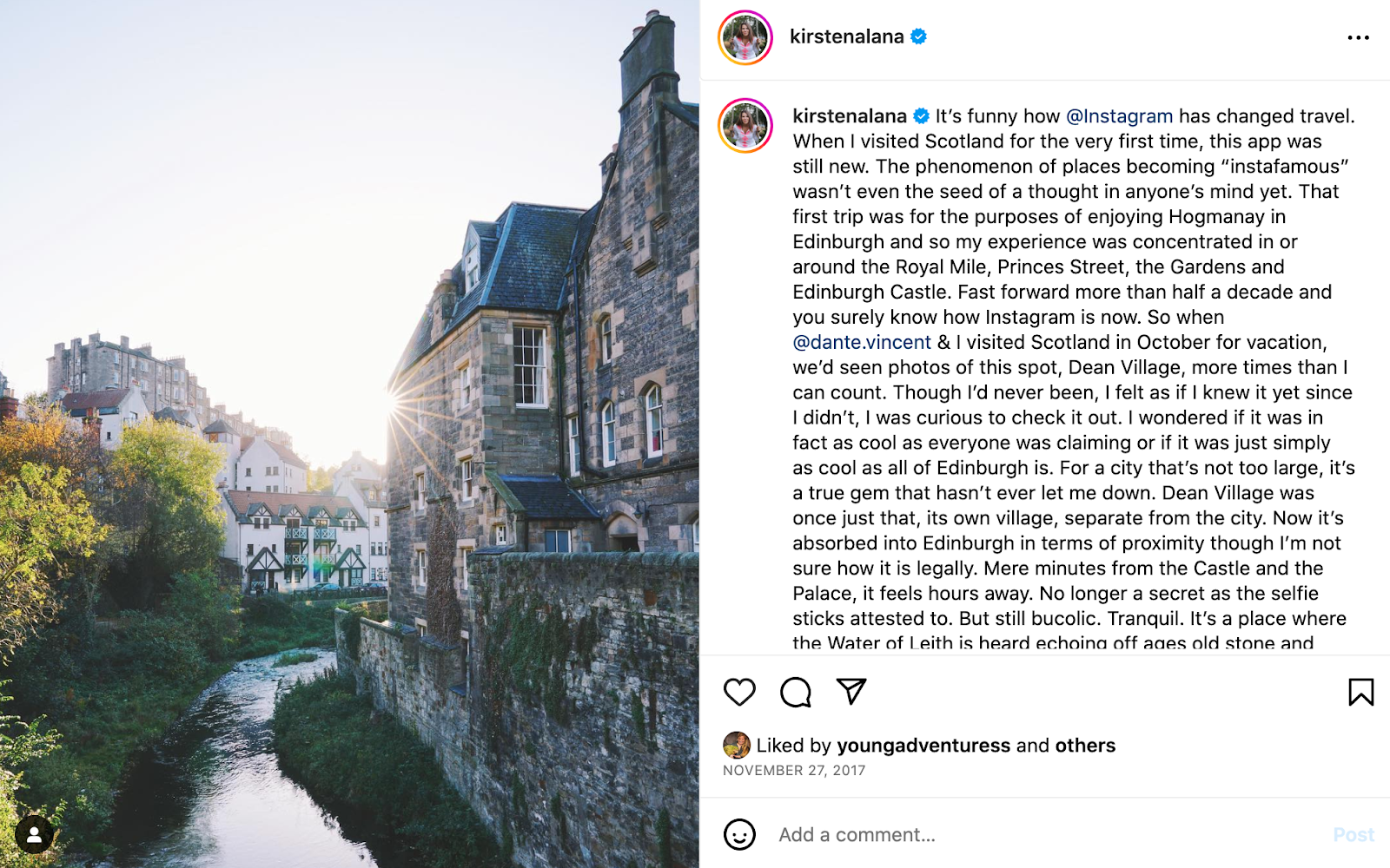 A travel post on Instagram from @kirstenalana featuring a travel story A screenshot of a post from @kirstenalana on Instagram featuring a photo
