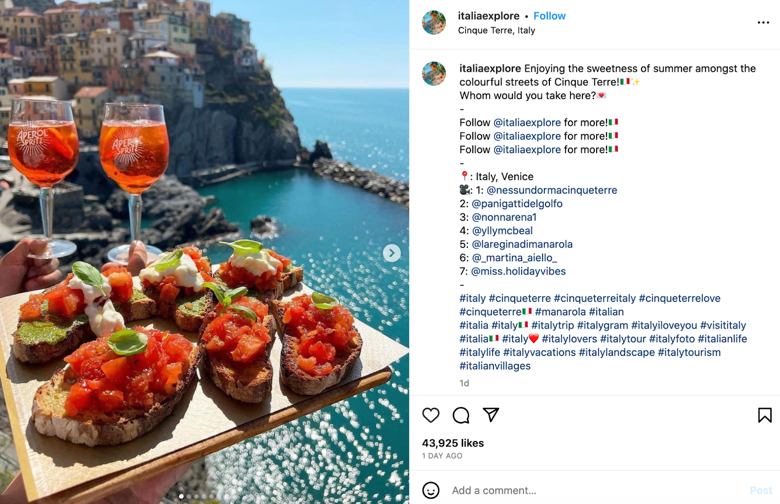 Hashtag opportunities on Instagram to increase your outreach are endless A screenshot of an Instagram post featuring a photo of sandwiches and drinks in Italy