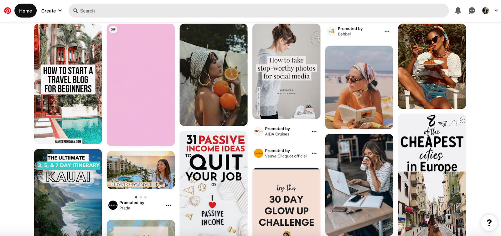 Pinterest feed featuring travel and lifestyle pins A screenshot of a Pinterest feed featuring beautiful travel and lifestyle pins