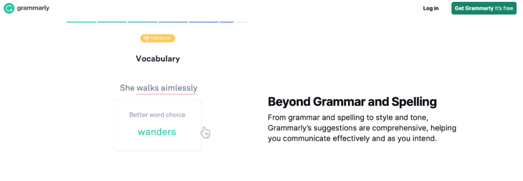 The image displays the homepage of Grammarly, an AI editing and proofreading tool. The website shows a word choice correction from “She walks aimlessly” to “She wanders.”