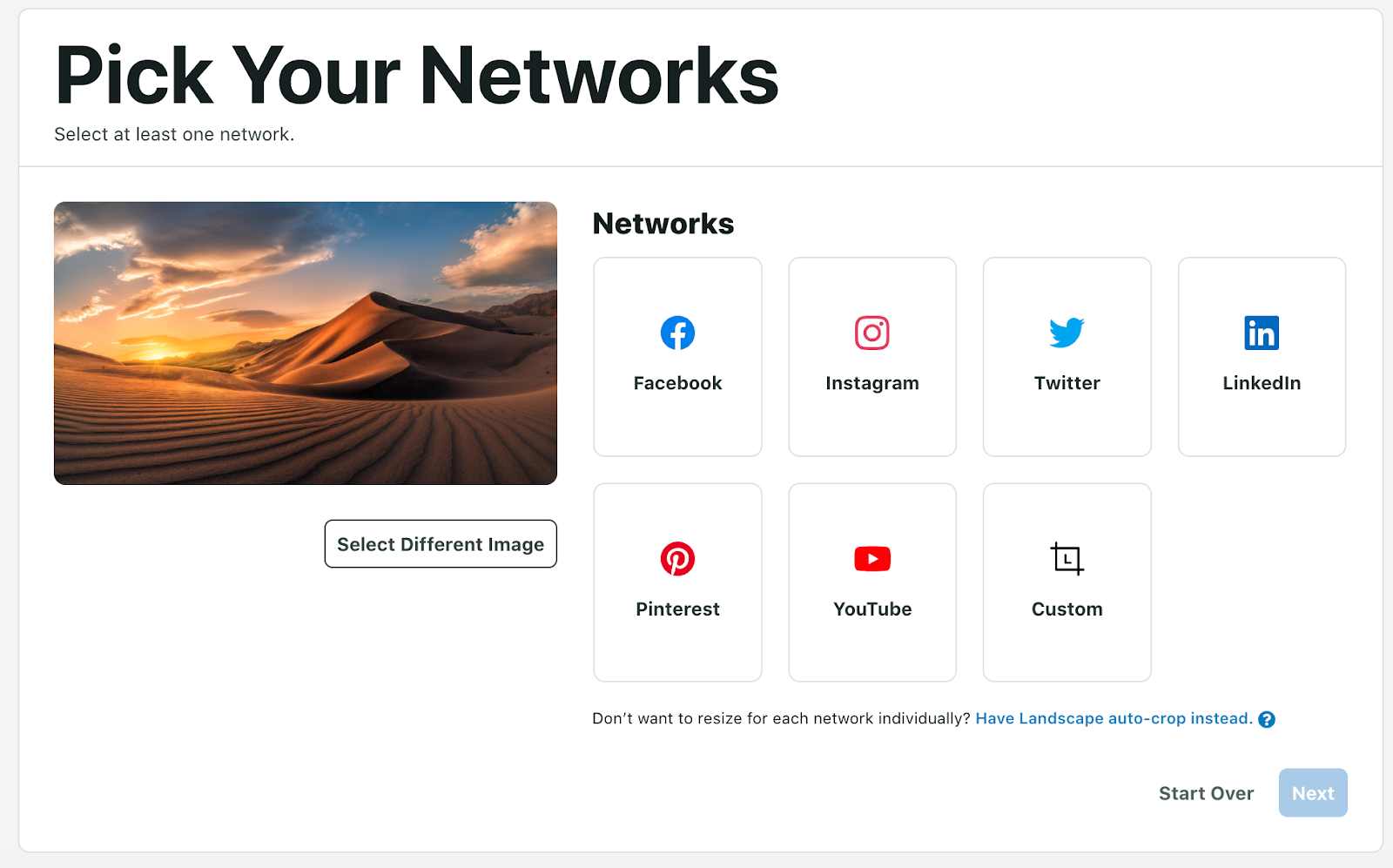 Sizing images with the SproutSocial free cropping tool A screenshot of the free SproutSocial cropping tool with a photo of a desert and icons of various social networks