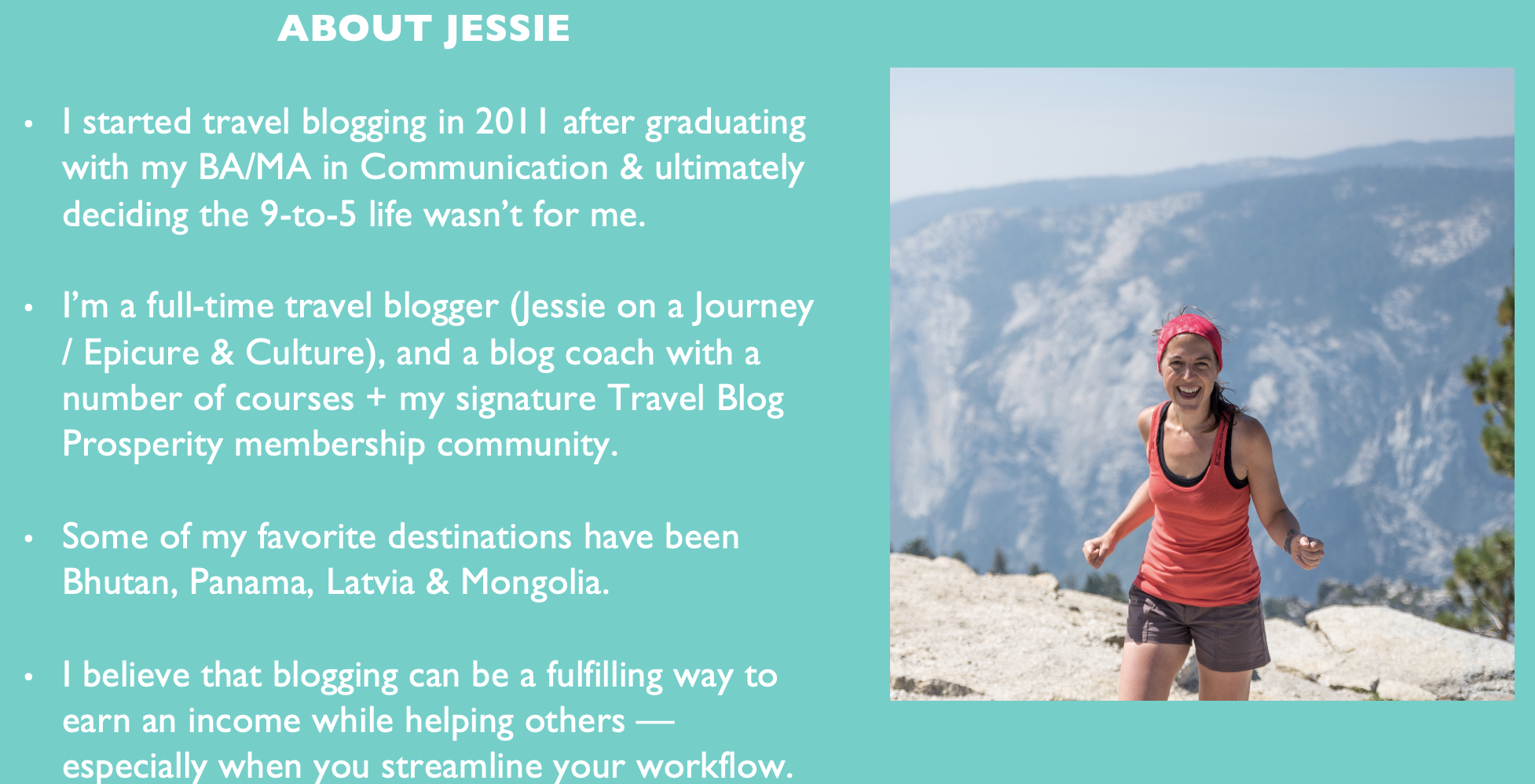 Jessie Festa is a full-time travel blogger, and a blog coach with number of courses. Screenshot from Jessie Festa's presentation on the How to Avoid Travel Blogging Burnout: Blogxiety Webinar