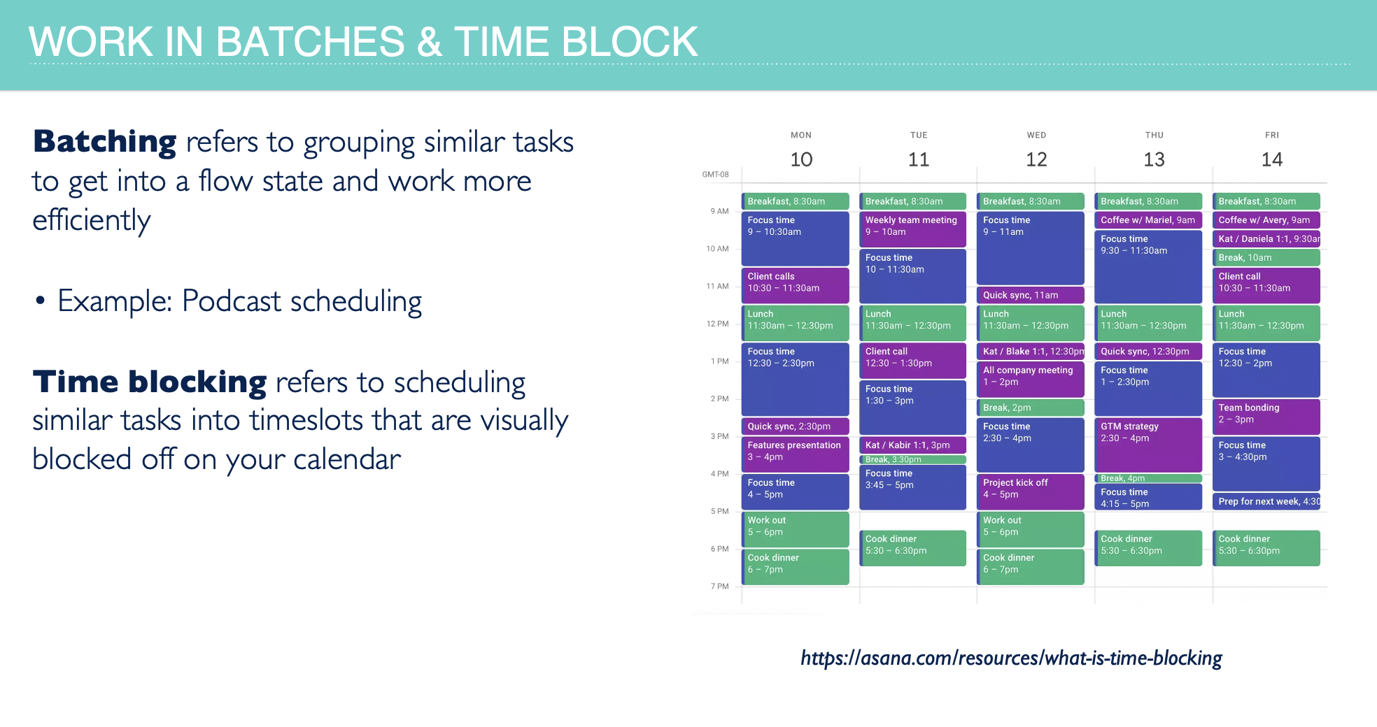 Time blocking is about allocating specific blocks of time to certain tasks Screenshot showing time blocking calendar from Jessie Festa's presentation on the How to Avoid Travel Blogging Burnout: Blogxiety Webinar