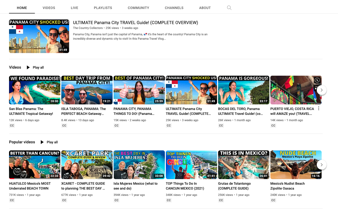 The image displays a specific YouTube channel of two travel bloggers using YouTube’s algorithms to boost their travel content presence. The photo shows two rows of their videos, with many of them, focused on adventures in Panama and Mexico.