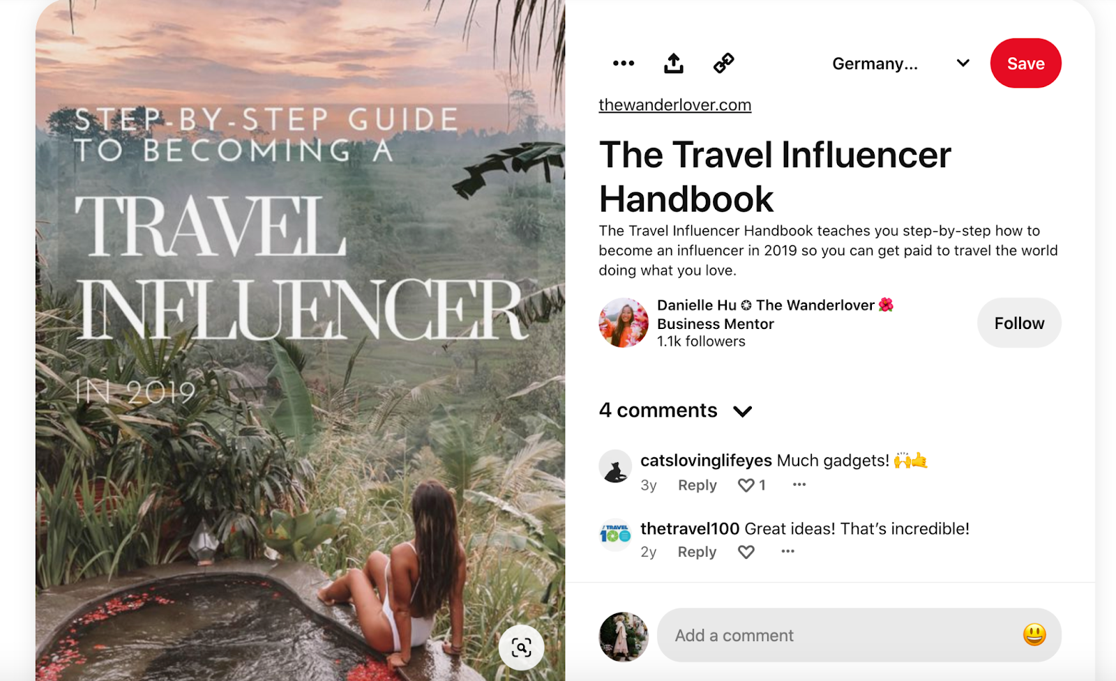 A screenshot of a pin featuring a photo of a girl next to a swimming pool in the tropics