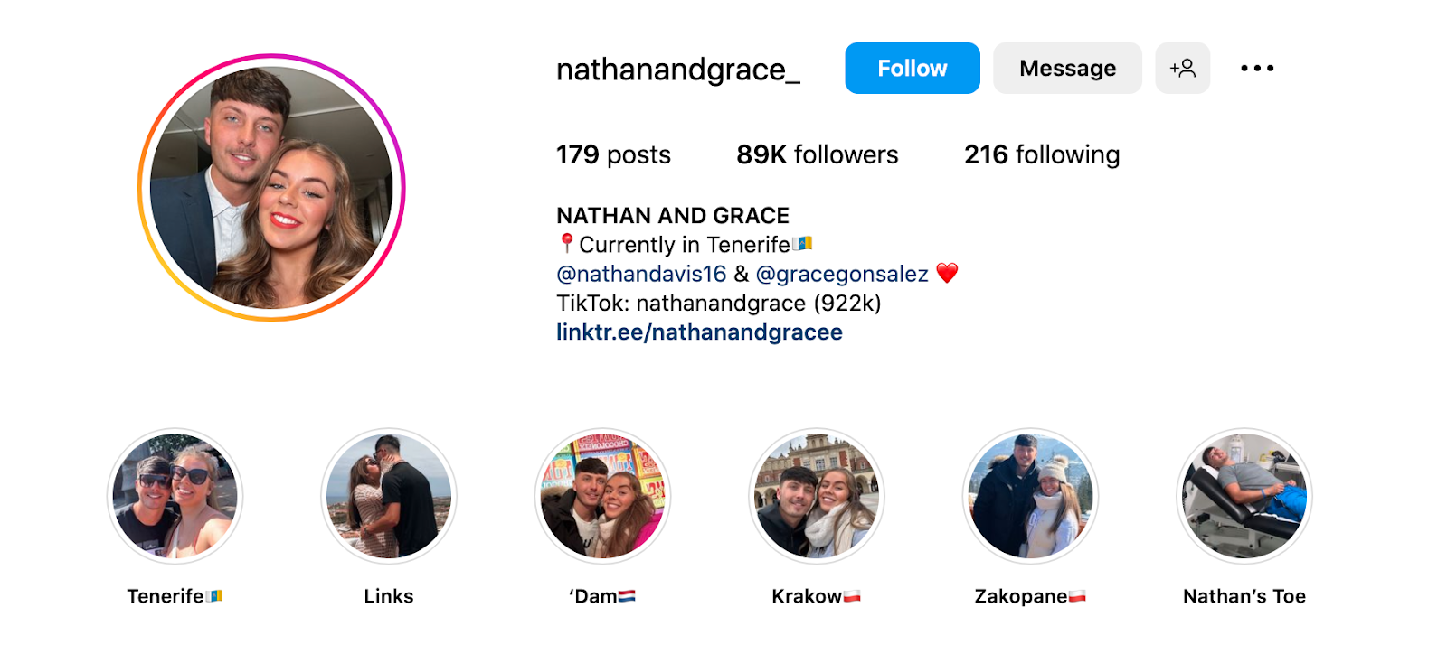 a screenshot featuring Nathan and Grace Instagram Account