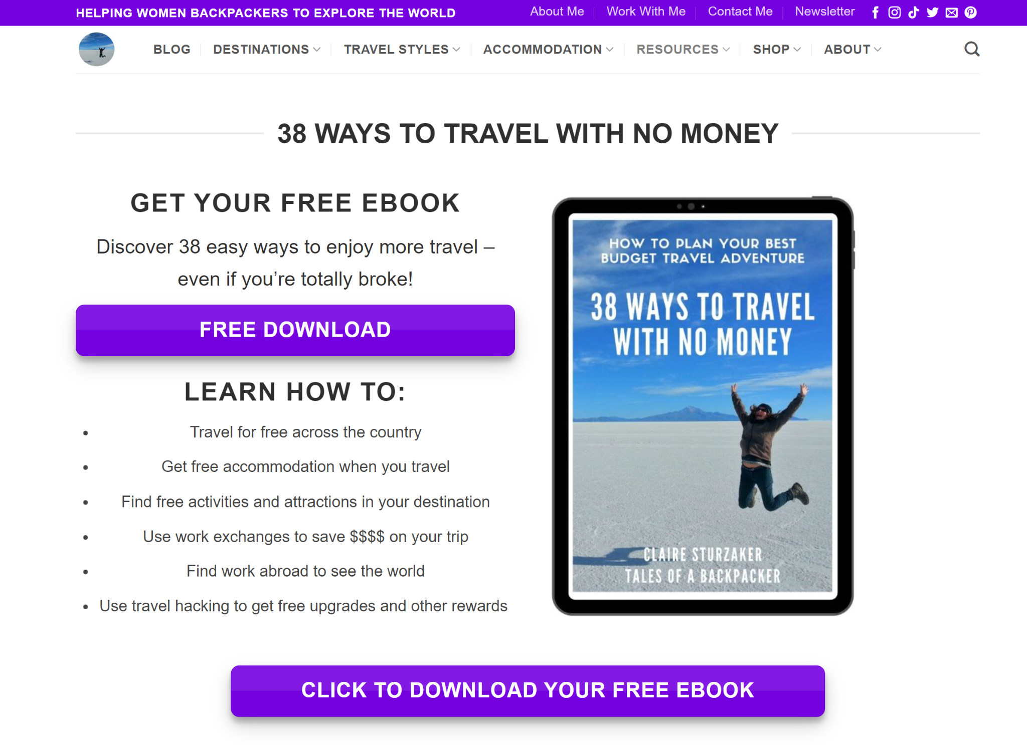 A screenshot featuring a free ebook on the talesofabackpacker.com website