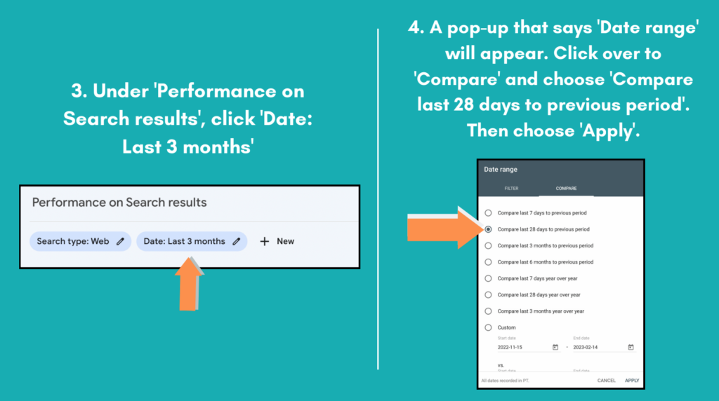 A screenshot of Google Search Console with the date range How to track your post performance on Google Search Console