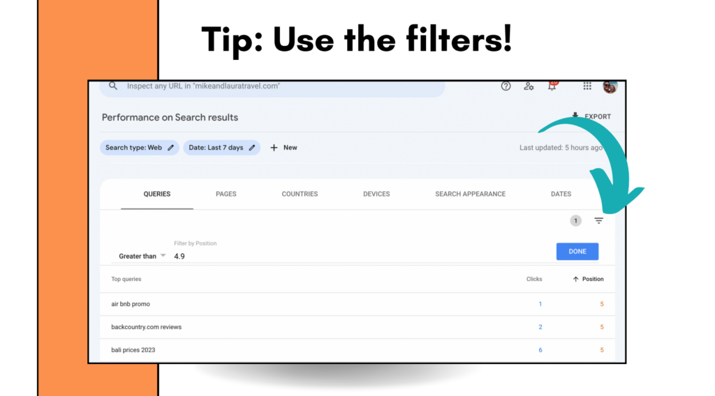 A screenshot of the “Queries” tab on the Google Search Console dashboard How to find posts that rank in the top five search results on Google