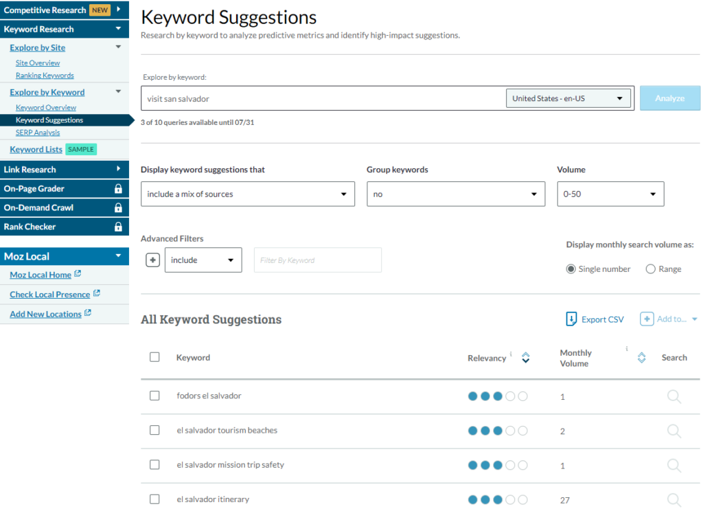 Moz Keyword Explorer website interface Moz Keyword Explorer website interface