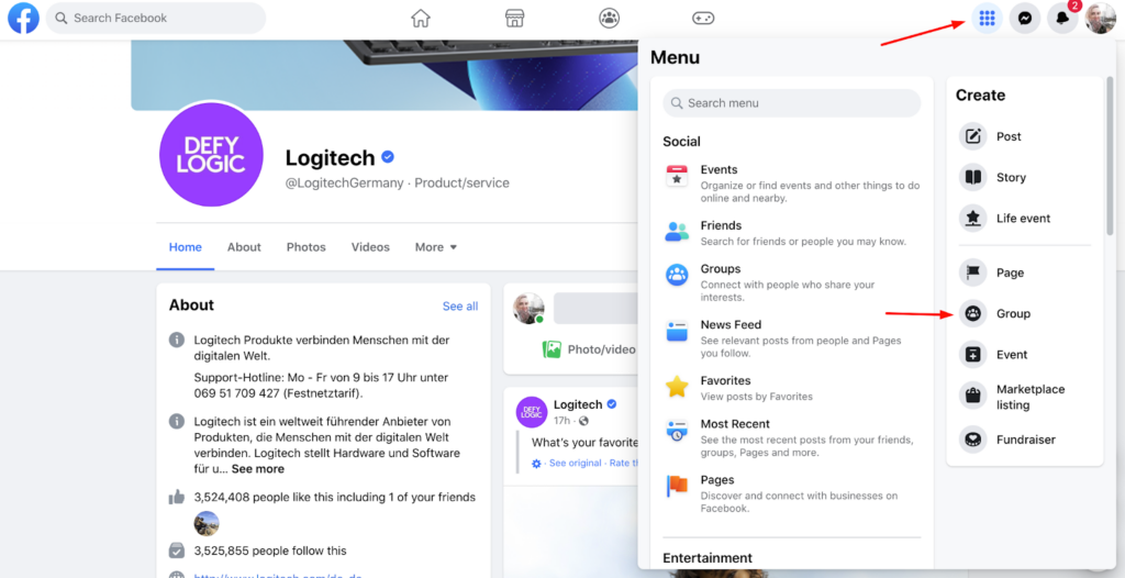 A screenshot of the “Create” section in the menu on Facebook