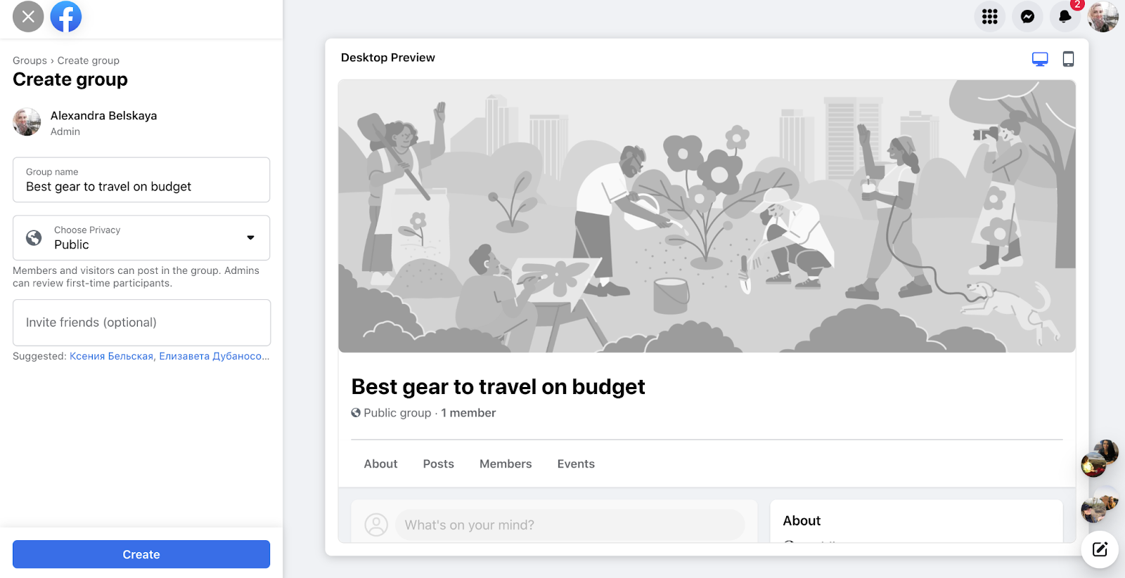 A screenshot of a new group creation page on Facebook