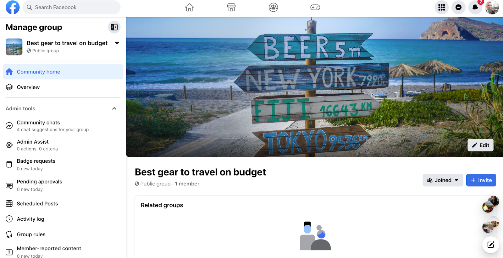 A screenshot of a Facebook group cover photo section with a photo of a beach and an ocean