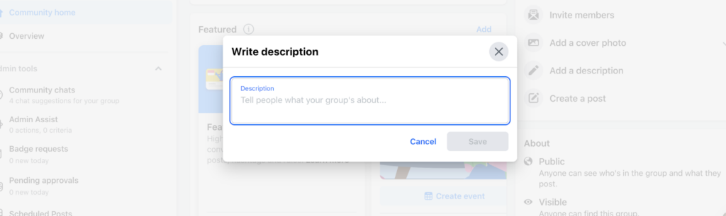 A screenshot of the “Description” section on a Facebook group