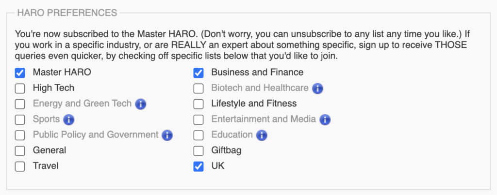 Preference options at HARO HARO preferences