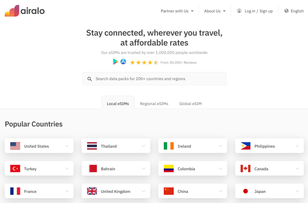 The Airalo main page Screenshot of the Aitalo main page showing various eSIMs
