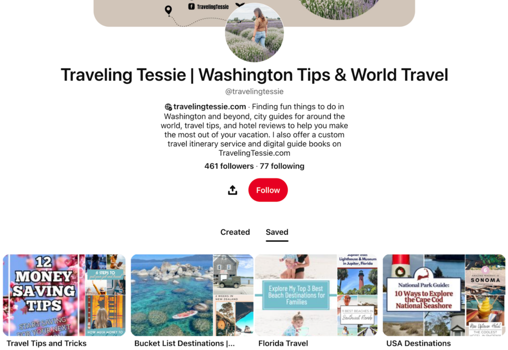 Traveling Tessie's Pinterest Screenshot of the TravelingTessie.com Pinterest page featuring a collages of travel destination images, travel tips, and blog post previews