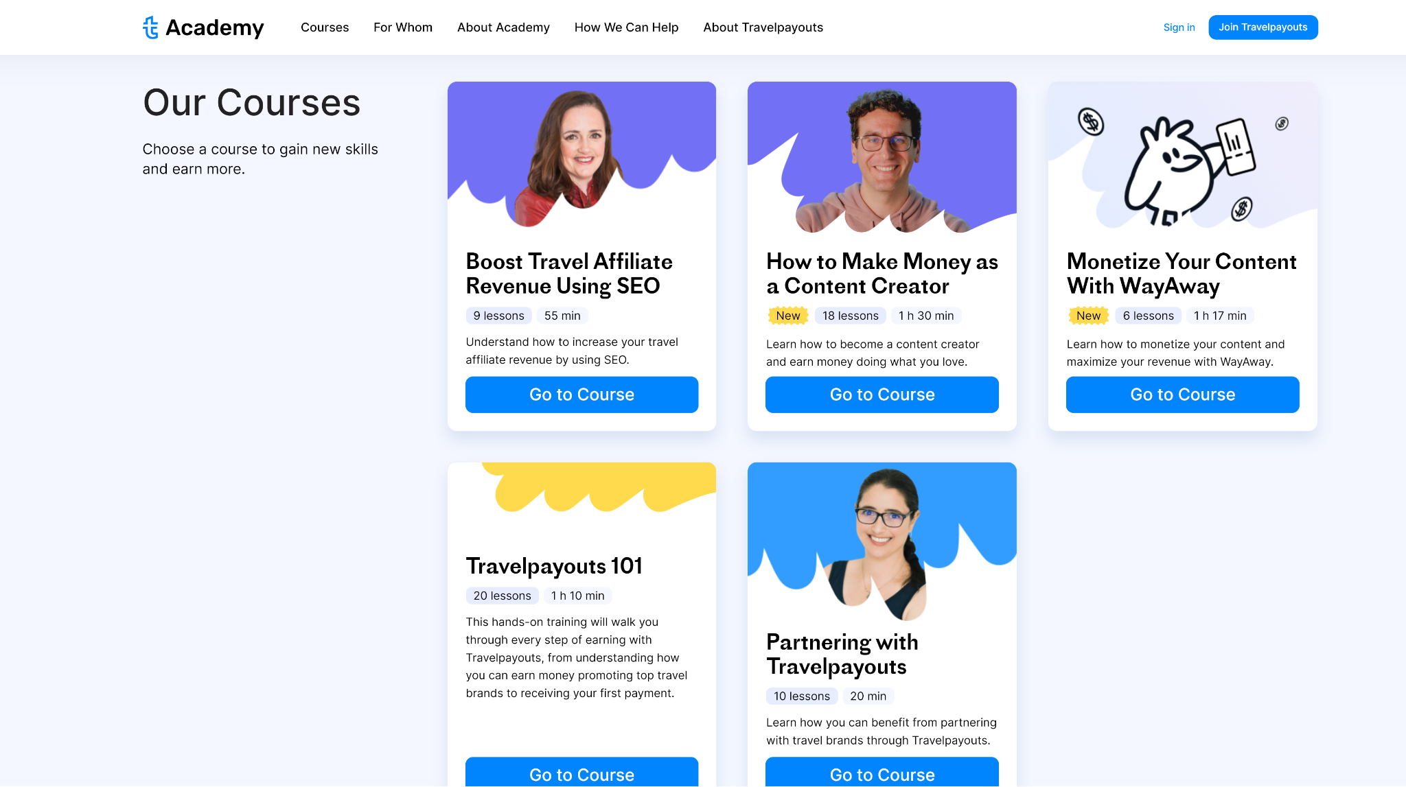 a screenshot of the Home page of the Travelpayouts Academy featuring free travel affiliate marketing courses