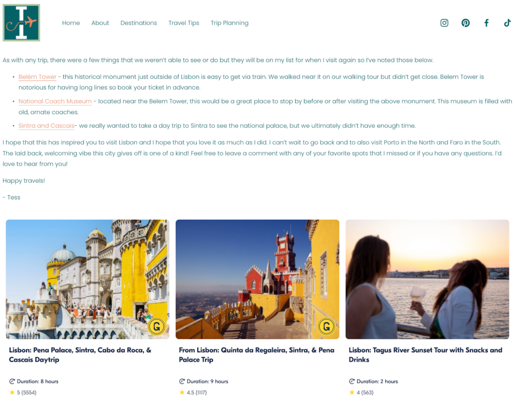 Affiliate links from Viator and Tripadvisor, and GetYourGuide’s affiliate widget Screenshot of a page from the Travelingtessie.com website featuring a combination of partner links and widget.