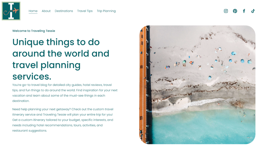 TravelingTessie.com Homepage — Discover Exciting Destinations and Expert Travel Tips TravelingTessie.com homepage featuring a picture of a sea and a beach
