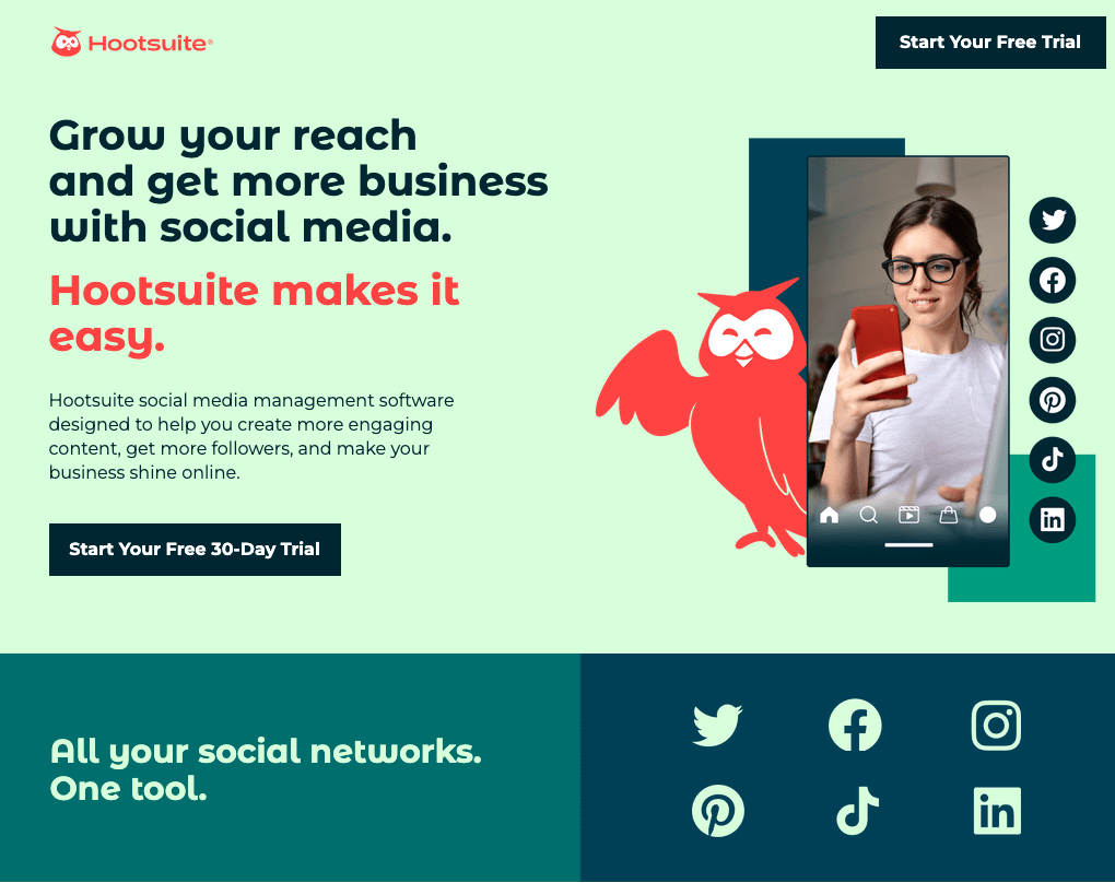 The image displays the homepage of Hootsuite with a featured icon of an owl and a woman on her phone. The website states, “Grow Your Reach and get more business with social media. Hootsuite makes it easy,” with the option to sign up for a 30-day free trial.