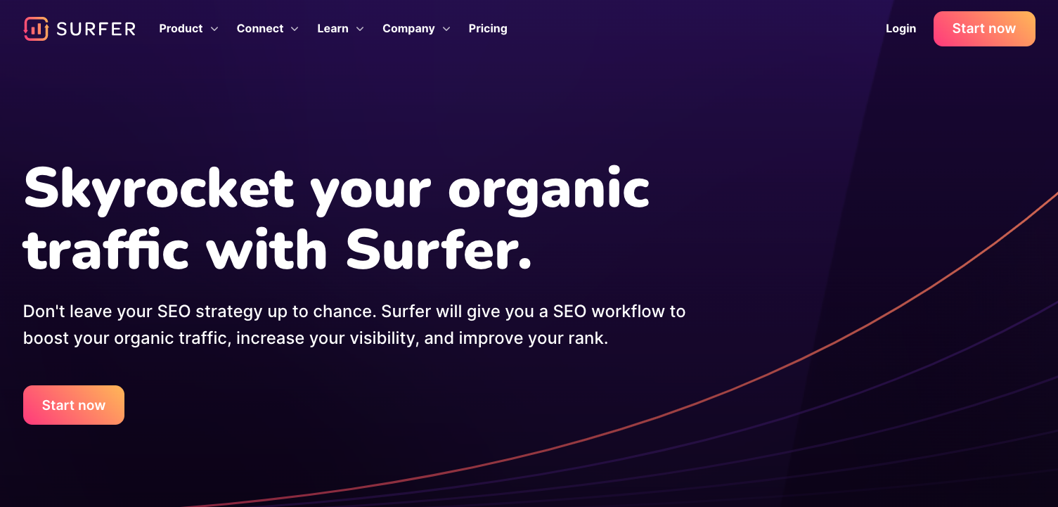 The image displays Surfer SEO’s homepage stating, “Skyrocket your organic traffic with Surfer,” with options to sign up or log in.