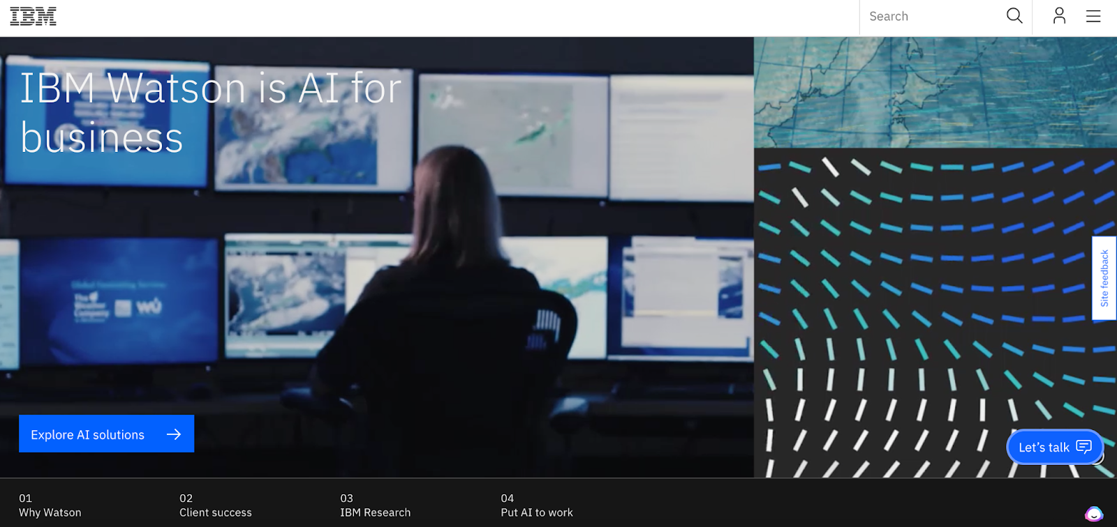 The image displays the homepage of IBM Watson with a video of a woman looking at a wall of computer screens.