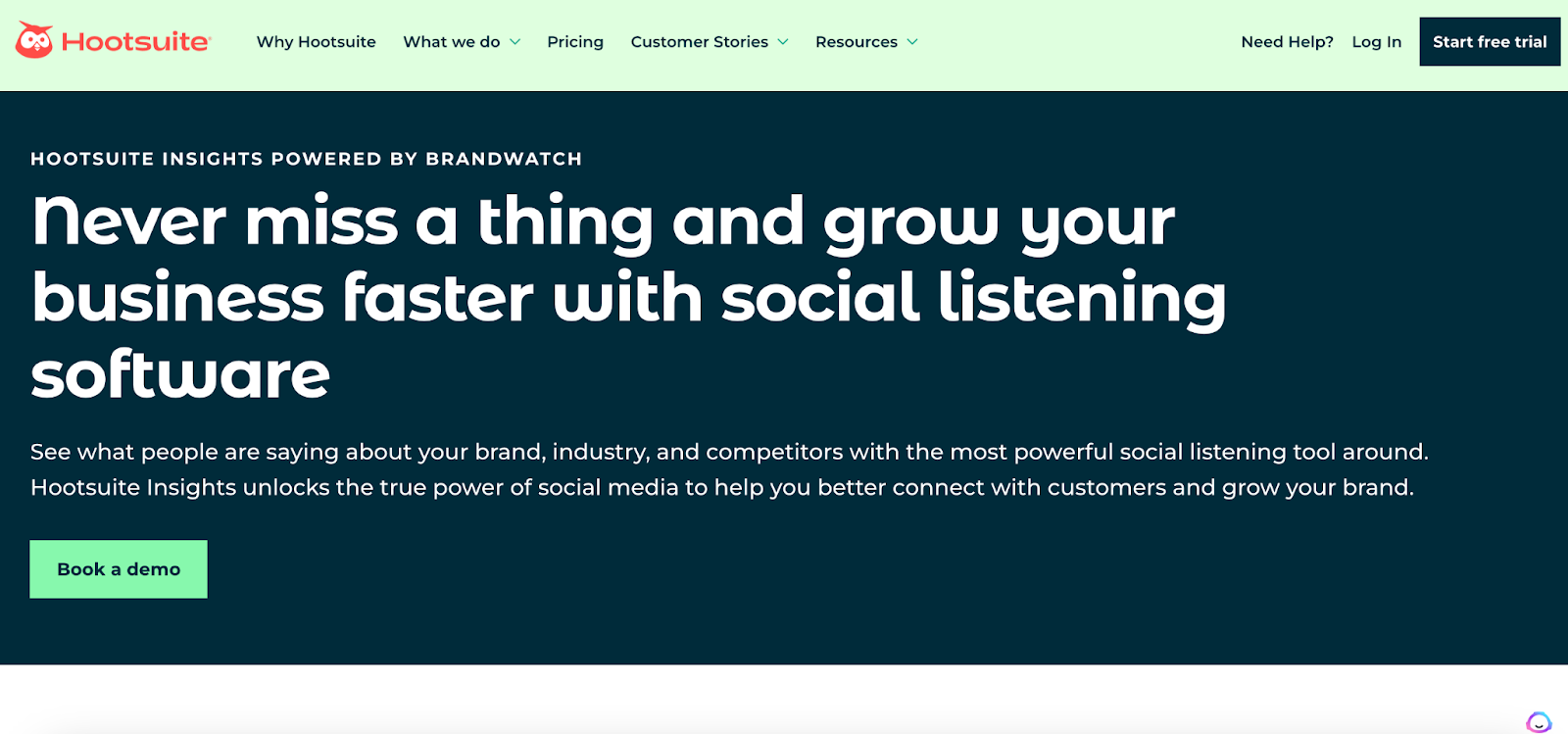 The image displays the main webpage for Hootsuite Insights stating, “Never miss a thing and grow your business faster with social listening software.” The website gives users the option to book a demo.