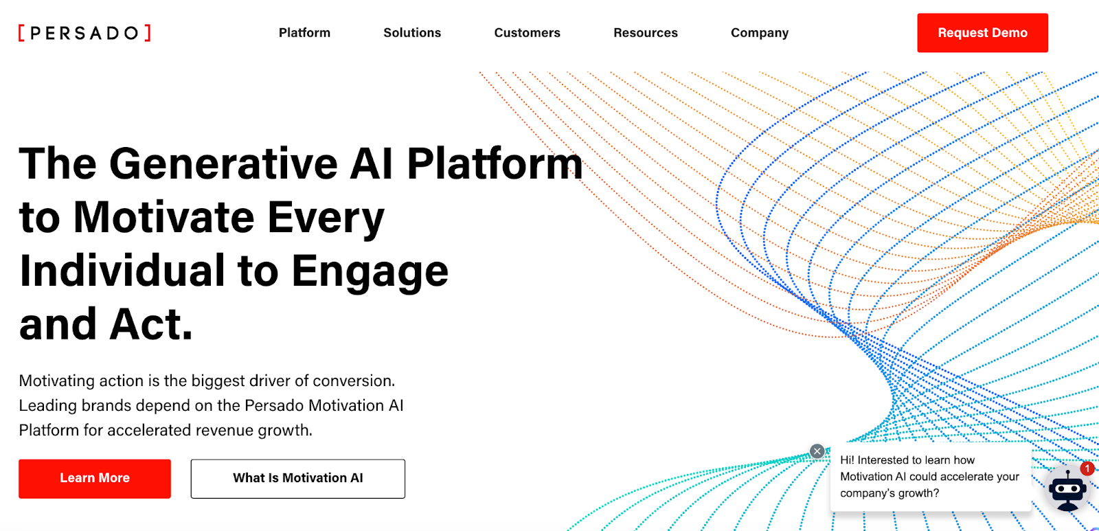 The image displays the main webpage for Persado, stating, “The generative AI platform to motivate every individual to engage and act.” With buttons to sign-up, request a demo, or learn more information.