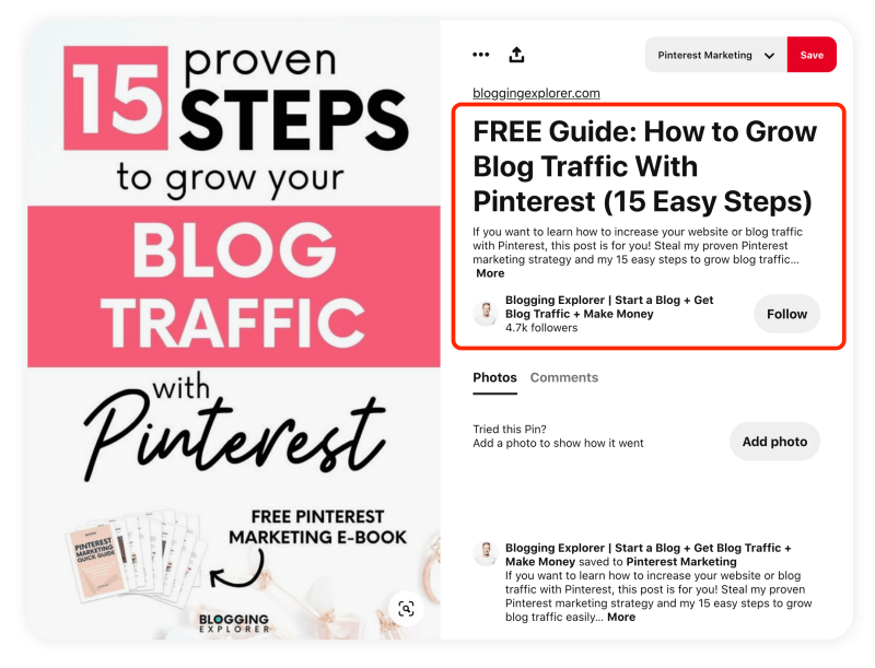Blogging Explorer rich pin for Pinterest