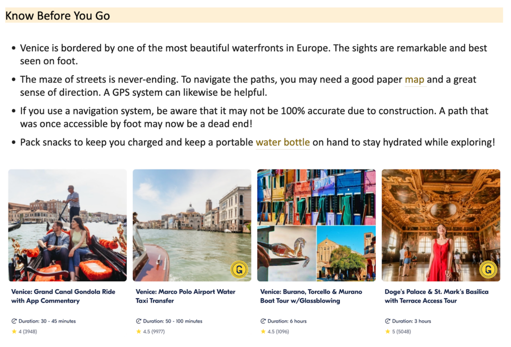 Affiliate Widget From GetYourGuide on the Travel & Treasure Blog Screenshot of the GetYourGuide affiliate widget on the Travel & Treasure website, showcasing tours and activities in Venice