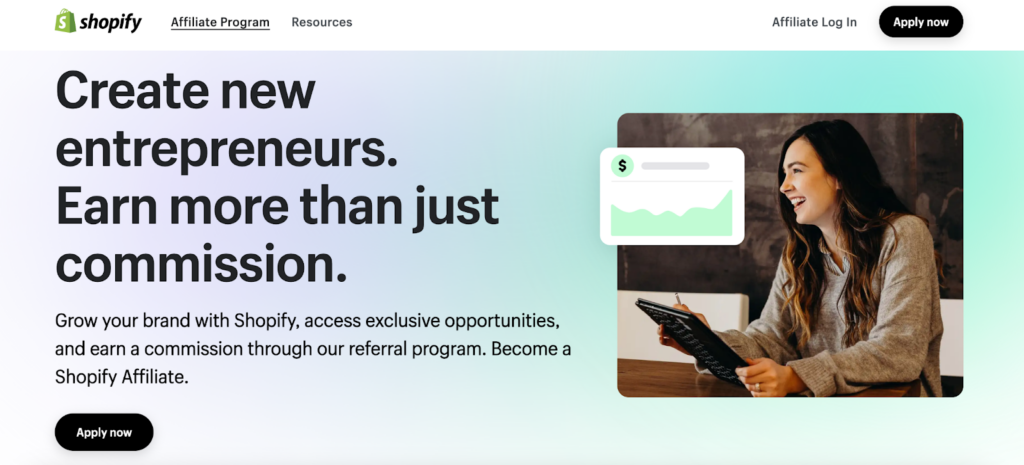 Alt text: A screenshot of the Shopify affiliate program page featuringa photo of a woman with files