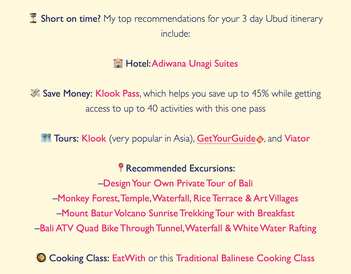 Example of summary box in 3 Days In Ubud post on Jessie on a journey blog Screenshot with example of summary box in 3 Days In Ubud post on Jessie on a journey blog