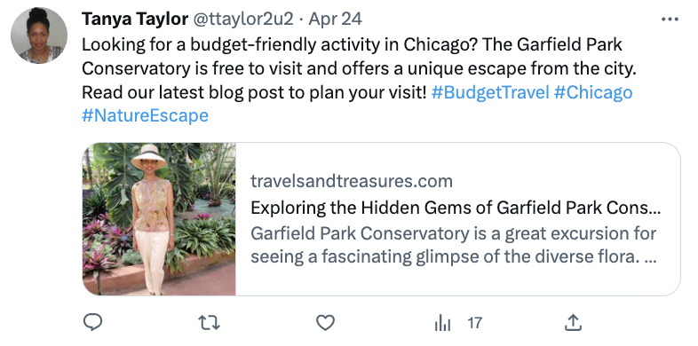 Call to Action From the AI Content Generator on Tanya Tailor’s Twitter Screenshot of the Tanya Taylor's Twitter with a call to action written by an AI service “Read our latest blog post to plan your visit”