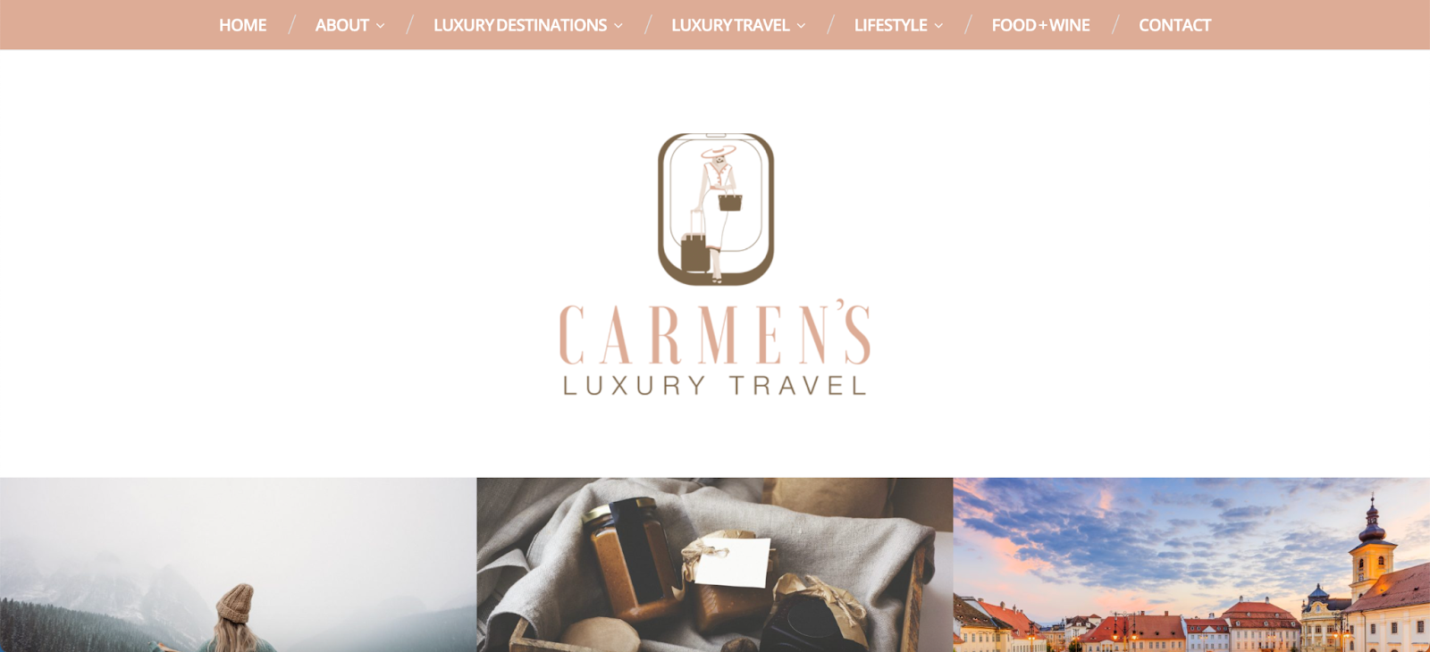 Carmen’s Luxury Travel shares luxury travel destinations, as well as niche topics within the luxury industry, like ski resorts, private jets, luxury cruises, and more A screenshot of Carmen’s Luxury Travel website homepage