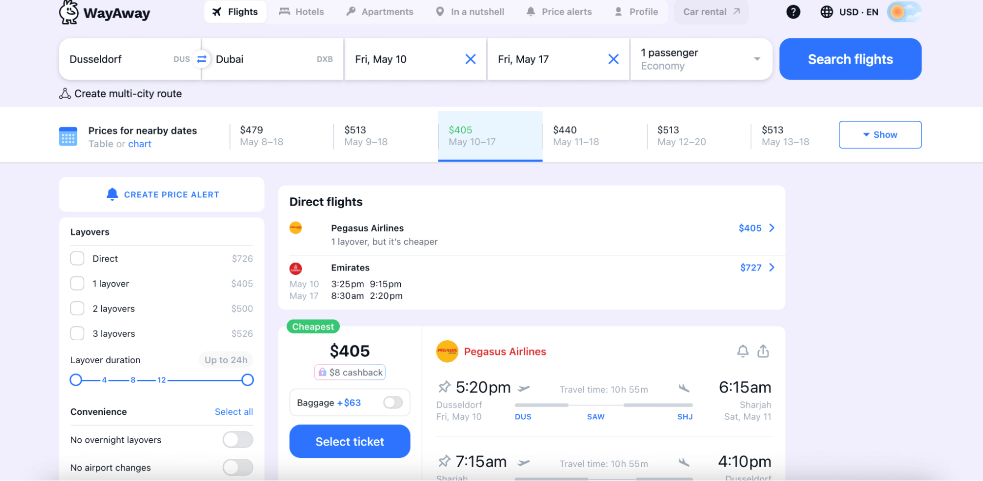 A great example of metasearch is WayAway. The platform helps users compare prices for flights and hotels from hundreds of providers and book the best deals. A screenshot of the WayAway interface.