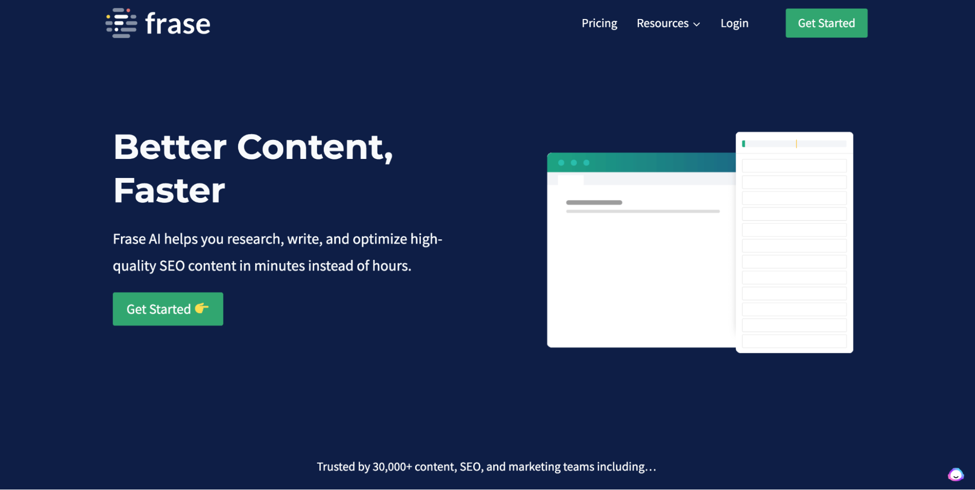 A screenshot of the Frase homepage featuring the platform’s interface.