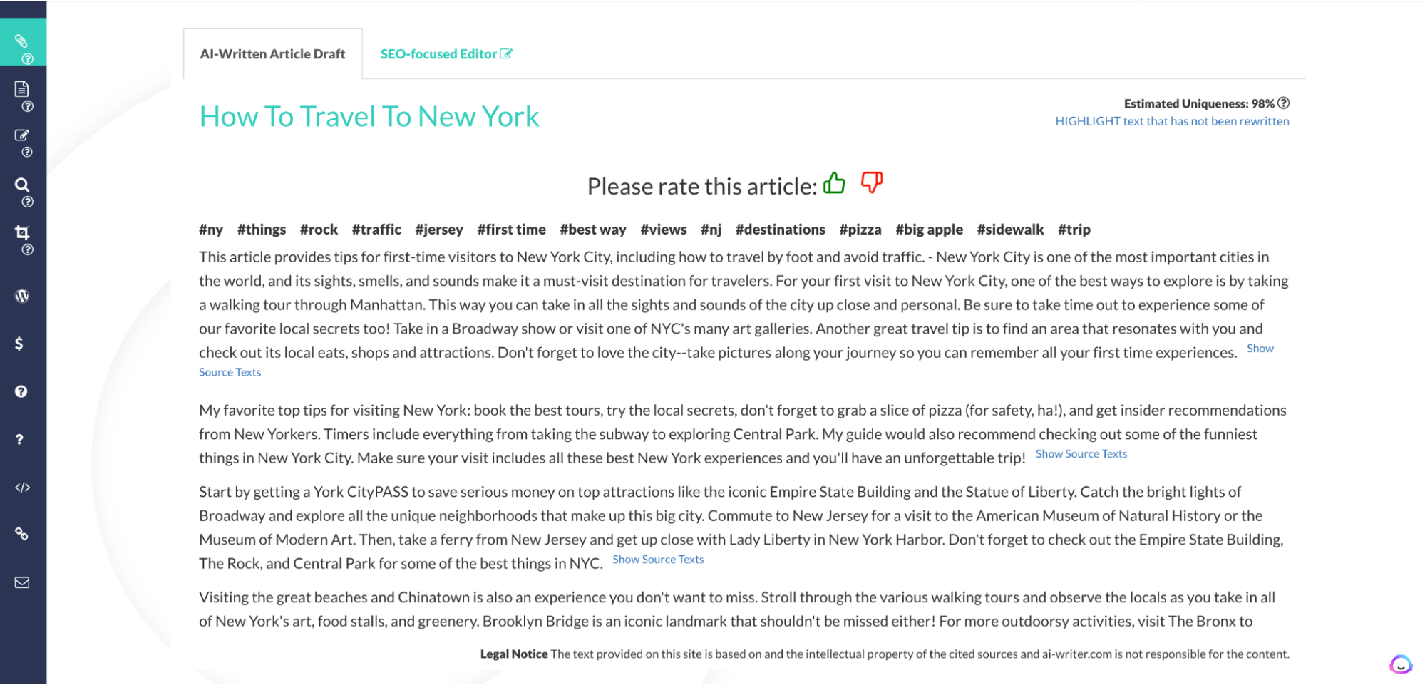 A screenshot of the AI Writer dashboard.