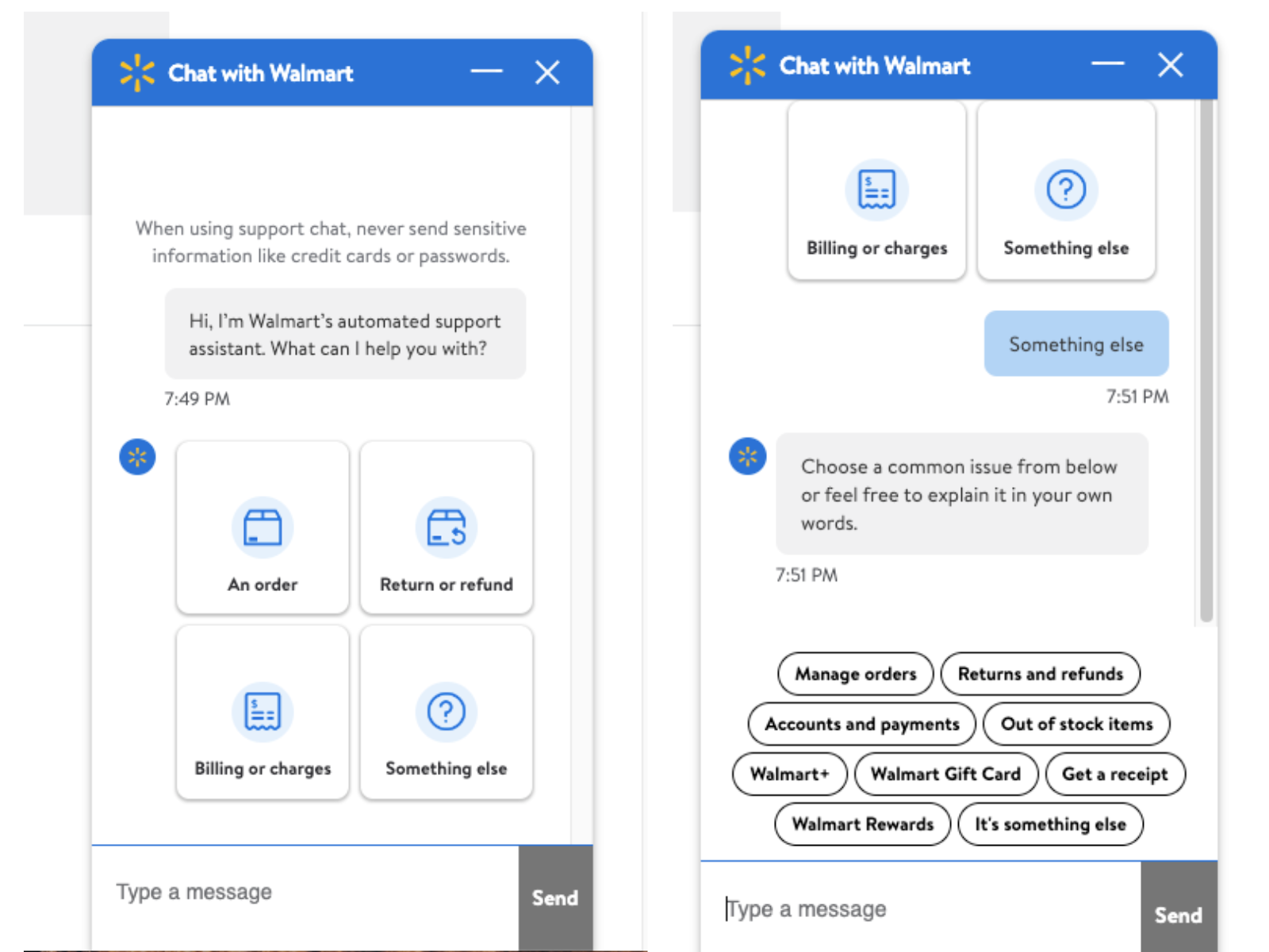 The image displays two side–by–side screenshots of Walmart’s chatbot on their website.