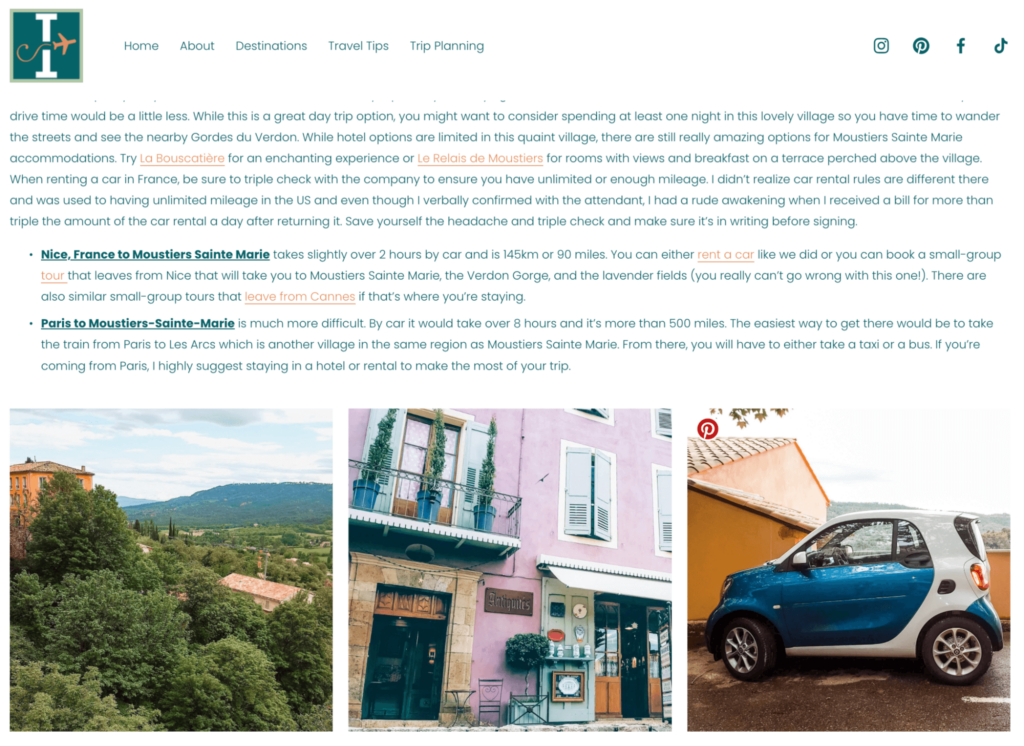 Partner links of different affiliate programs: Booking.com, GetYourGuide, and QEEQ Screenshot of TravelingTessie.com's partner links, showcasing a diverse range of partner programs from various categories, such as accommodations, car rentals, and tours & activities