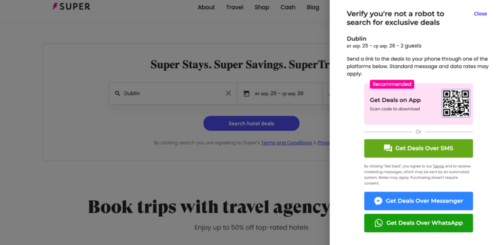 How to search for deals on SuperTravel.com A screenshot of the SuperTravel search results page with links to deals via SMS, Messenger, and WhatsApp