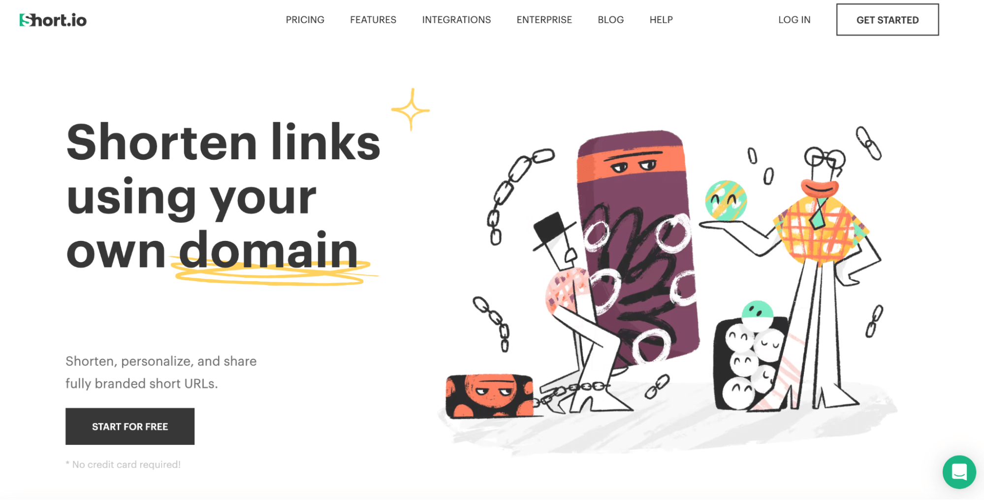Short.io is a great tool for branding your short URLs with your domain name. The image shows the homepage for Short.io with a heading, “Shorten links using your own domain”. Off to the side is a graphic with various animated characters demonstrating the effectiveness of the link tracking software.