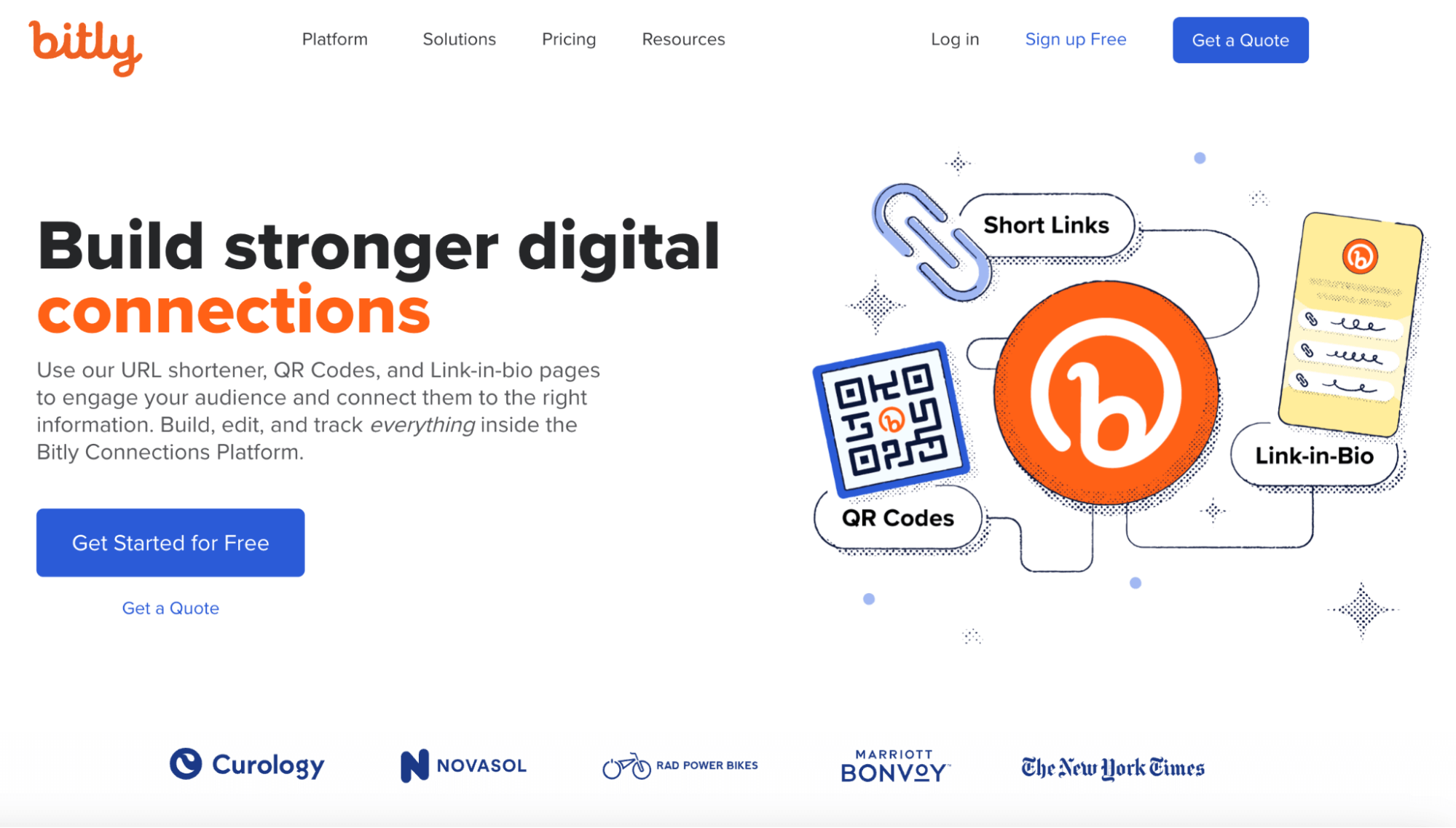 Some of the best link tracking software available have free versions like Bitly. The image displays the homepage of Bitly.com with a headline, “Build stronger digital connections”. The webpage gives options for a quote and free trial. A graphic on the right displays bitly’s capabilities to generate QR codes, Link-in-Bio, and short links.