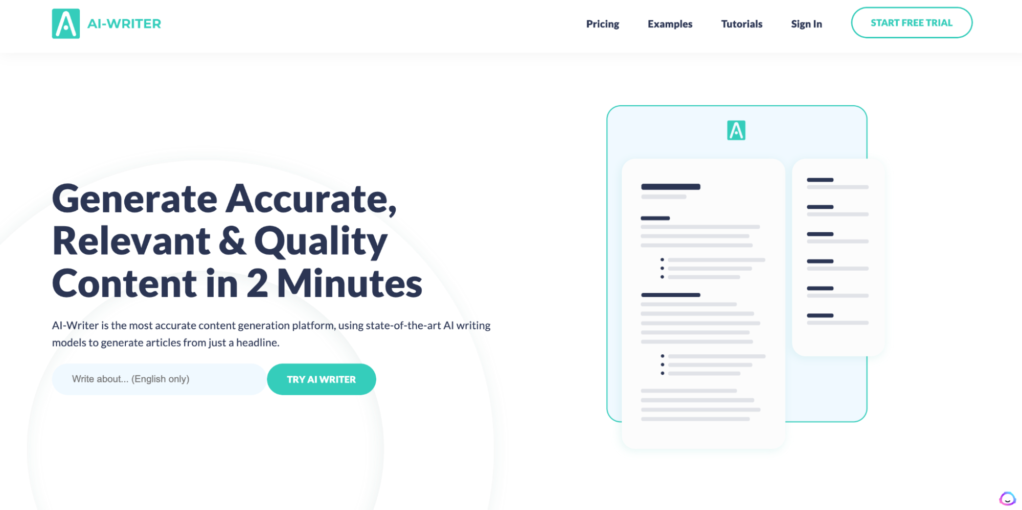 A screenshot of the AI Writer homepage featuring text copies.