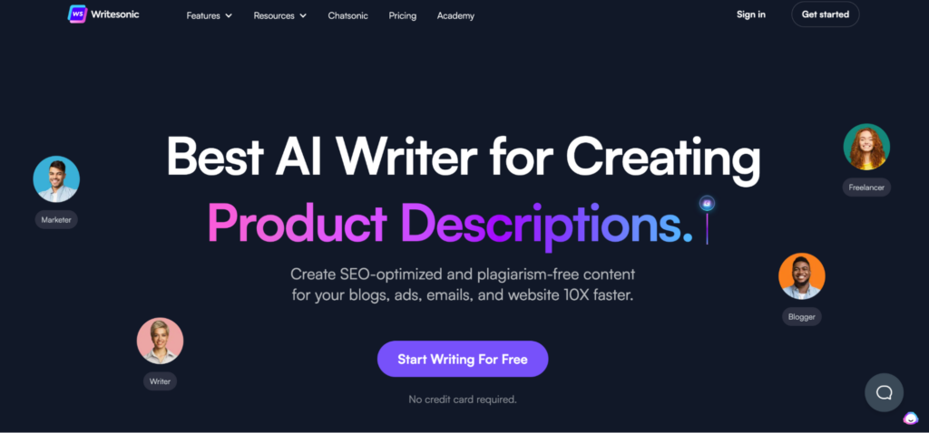 A screenshot of the WriteSonic featuring various types of customers.