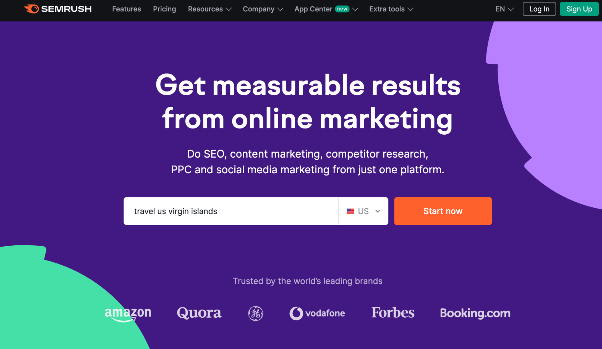 Semrush is one of the most popular digital marketing tools for travel bloggers. The image displays Semrush's homepage. The headline states, “Get measurable results from online marketing”.
