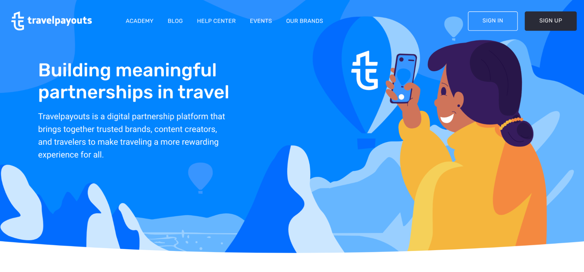 The image displays the Travelpayouts “About” page with a graphic of a woman on a phone plus text describing what Travelpayouts does and how they bring together trusted brands, content creators, and travelers.